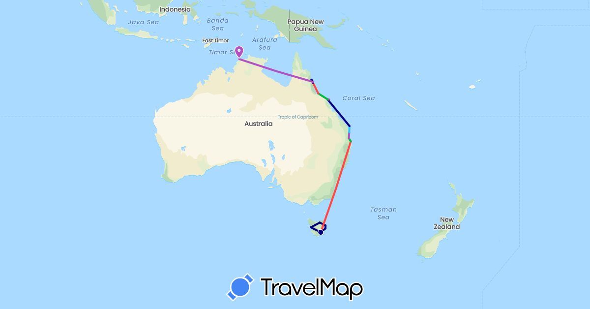 TravelMap itinerary: driving, bus, train, hiking, boat in Australia (Oceania)